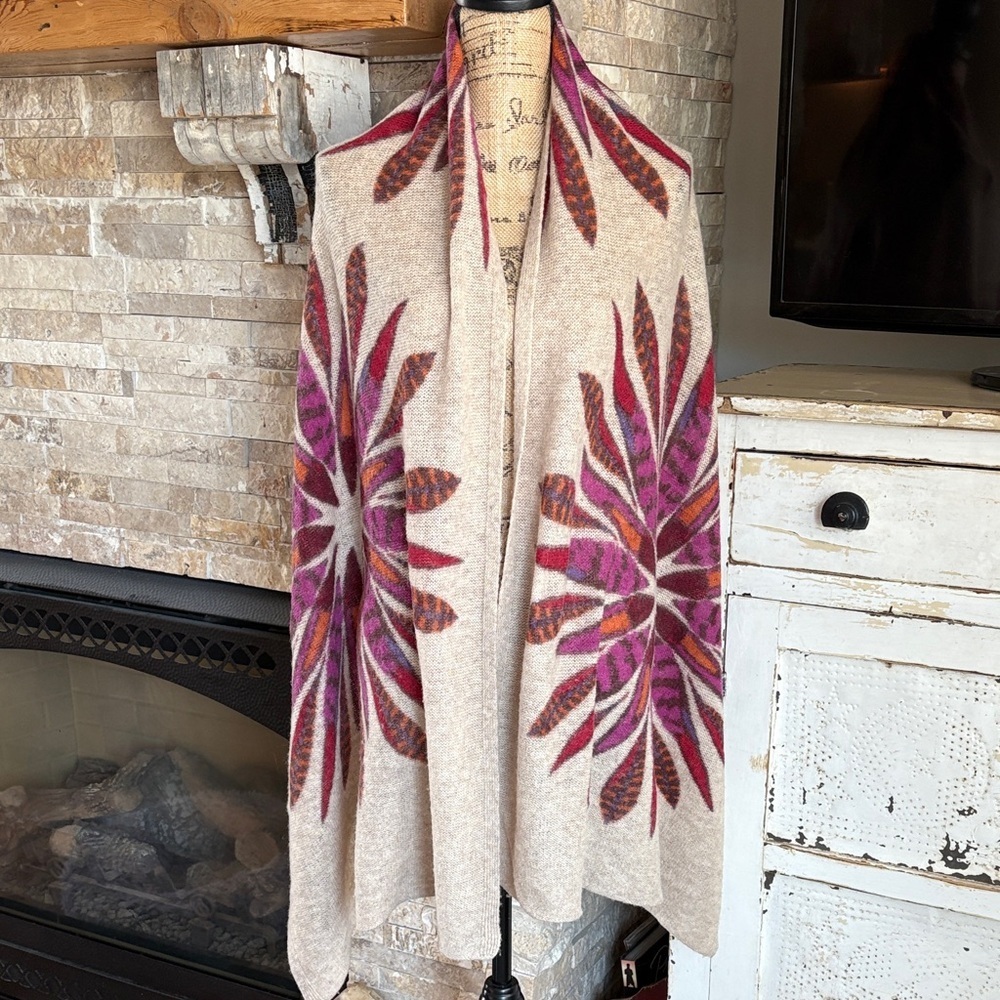 Pistil tan scarf wrap with colorful purple orange brown floral sunburst design